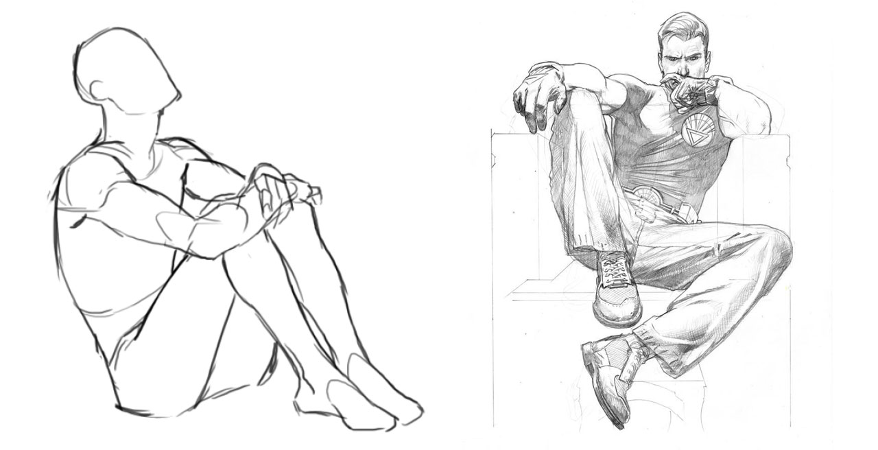 Man sitting down drawing reference